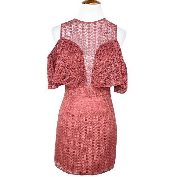 Keepsake Rose Pink Lace Sweetheart Plunge Ruffle Cold Shoulder Mini Pencil Dress - Picture 2 of 16